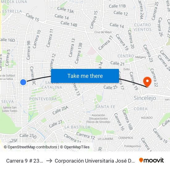 Carrera 9 # 23-1 A 23-99 to Corporación Universitaria José De Sucre - Corposucre map