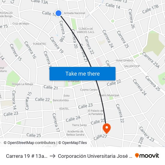 Carrera 19 # 13a-2 A 13a-100 to Corporación Universitaria José De Sucre - Corposucre map