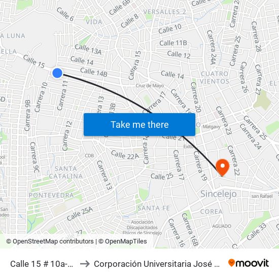 Calle 15 # 10a-2 A 10a-100 to Corporación Universitaria José De Sucre - Corposucre map