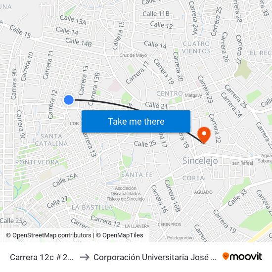 Carrera 12c # 21-2 A 21-100 to Corporación Universitaria José De Sucre - Corposucre map