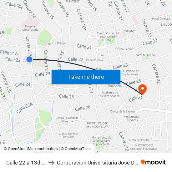 Calle 22 # 13d-1 A 13d-99 to Corporación Universitaria José De Sucre - Corposucre map