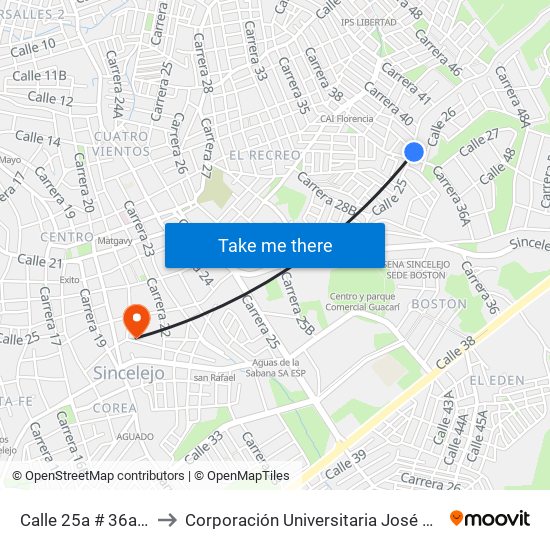 Calle 25a # 36a-2 A 36a-28 to Corporación Universitaria José De Sucre - Corposucre map