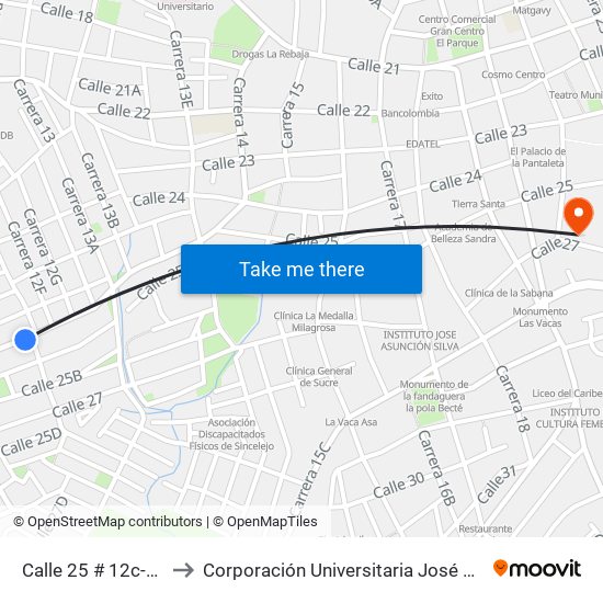 Calle 25 # 12c-2 A 12c-100 to Corporación Universitaria José De Sucre - Corposucre map