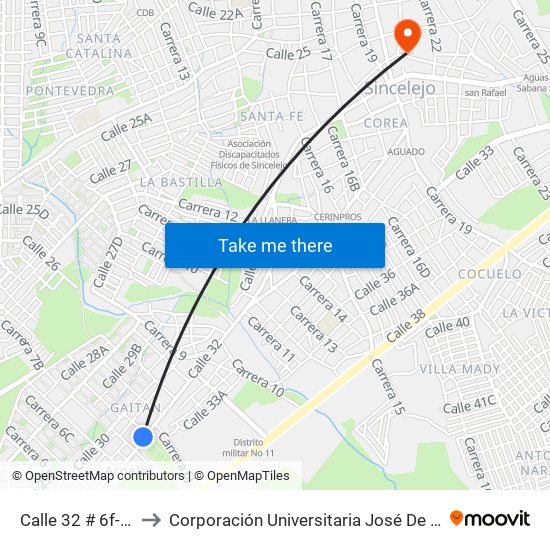 Calle 32 # 6f-1 A 6f-99 to Corporación Universitaria José De Sucre - Corposucre map