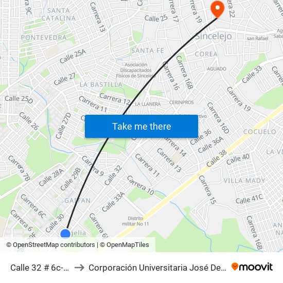 Calle 32 # 6c-1 A 6c-99 to Corporación Universitaria José De Sucre - Corposucre map