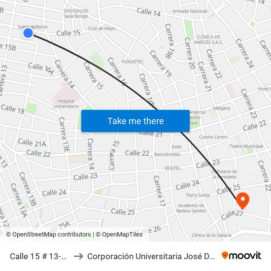 Calle 15 # 13-2 A 13-100 to Corporación Universitaria José De Sucre - Corposucre map