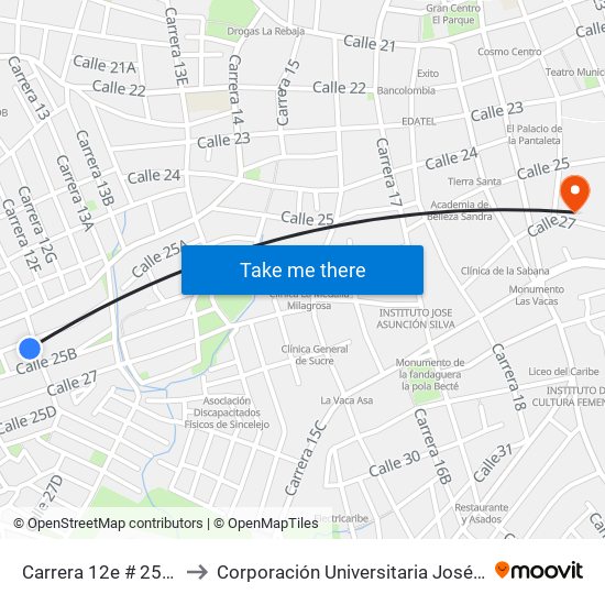 Carrera 12e # 25a-2 A 25a-100 to Corporación Universitaria José De Sucre - Corposucre map