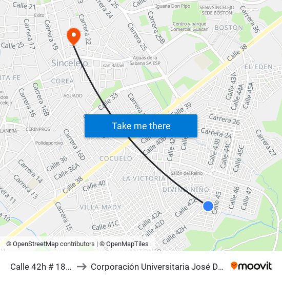 Calle 42h # 18-1 A 18-99 to Corporación Universitaria José De Sucre - Corposucre map