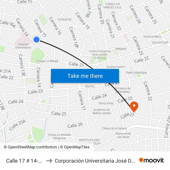 Calle 17 # 14-2 A 14-100 to Corporación Universitaria José De Sucre - Corposucre map