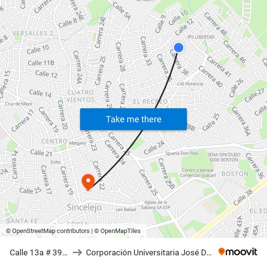 Calle 13a # 39-2 A 39-54 to Corporación Universitaria José De Sucre - Corposucre map