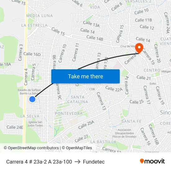 Carrera 4 # 23a-2 A 23a-100 to Fundetec map