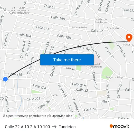 Calle 22 # 10-2 A 10-100 to Fundetec map