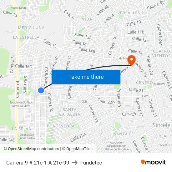 Carrera 9 # 21c-1 A 21c-99 to Fundetec map