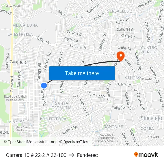 Carrera 10 # 22-2 A 22-100 to Fundetec map