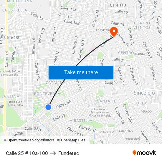 Calle 25 # 10a-100 to Fundetec map