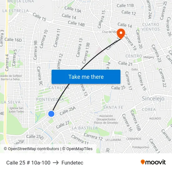 Calle 25 # 10a-100 to Fundetec map