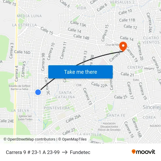 Carrera 9 # 23-1 A 23-99 to Fundetec map