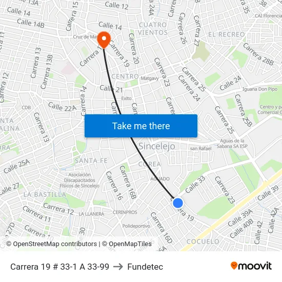 Carrera 19 # 33-1 A 33-99 to Fundetec map