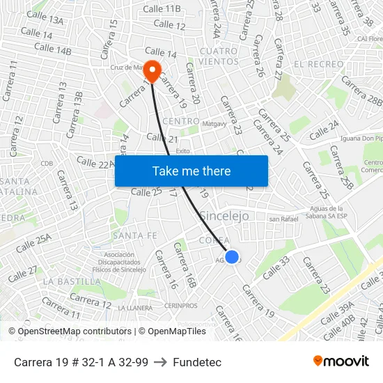 Carrera 19 # 32-1 A 32-99 to Fundetec map