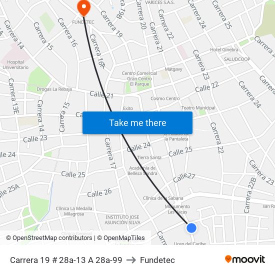 Carrera 19 # 28a-13 A 28a-99 to Fundetec map