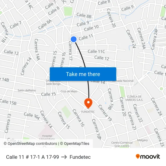 Calle 11 # 17-1 A 17-99 to Fundetec map