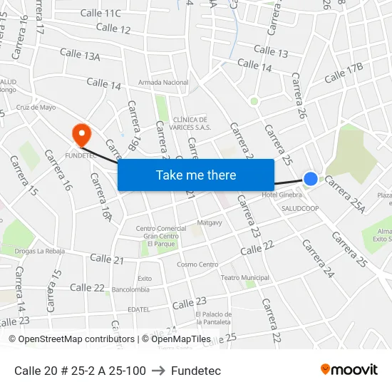 Calle 20 # 25-2 A 25-100 to Fundetec map