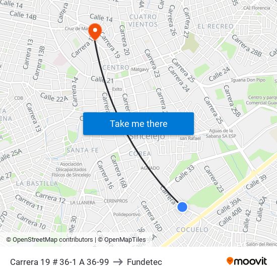 Carrera 19 # 36-1 A 36-99 to Fundetec map