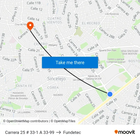 Carrera 25 # 33-1 A 33-99 to Fundetec map
