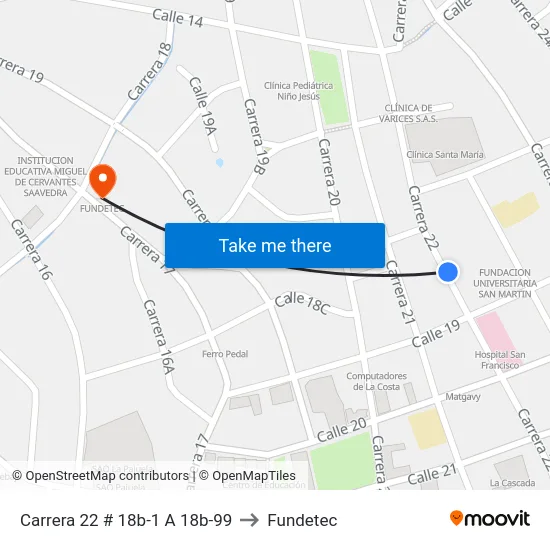 Carrera 22 # 18b-1 A 18b-99 to Fundetec map