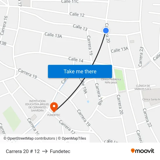 Carrera 20 # 12 to Fundetec map