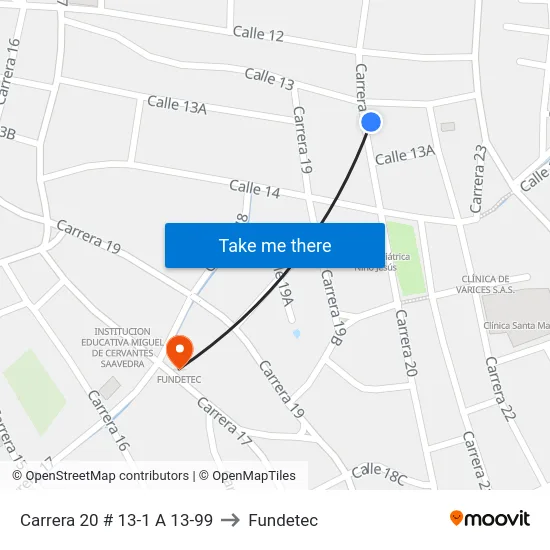 Carrera 20 # 13-1 A 13-99 to Fundetec map