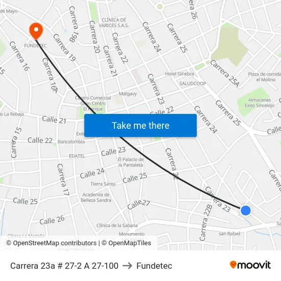 Carrera 23a # 27-2 A 27-100 to Fundetec map