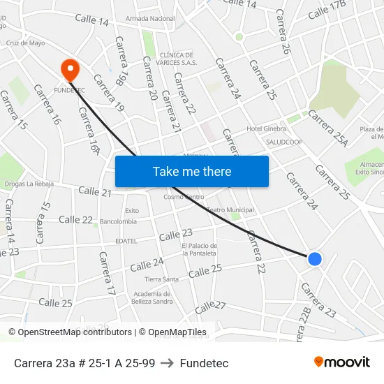 Carrera 23a # 25-1 A 25-99 to Fundetec map