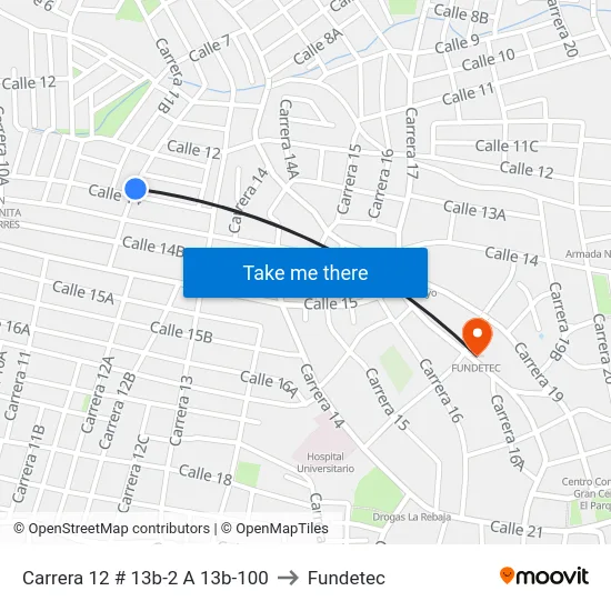 Carrera 12 # 13b-2 A 13b-100 to Fundetec map