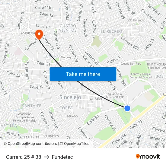 Carrera 25 # 38 to Fundetec map