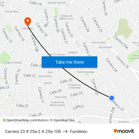 Carrera 23 # 25a-2 A 25a-100 to Fundetec map