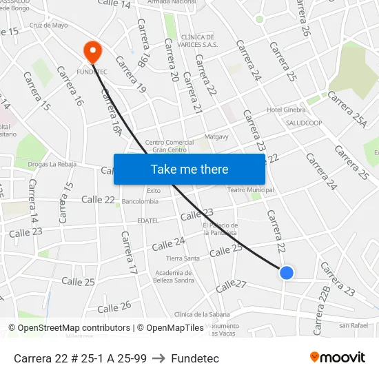 Carrera 22 # 25-1 A 25-99 to Fundetec map