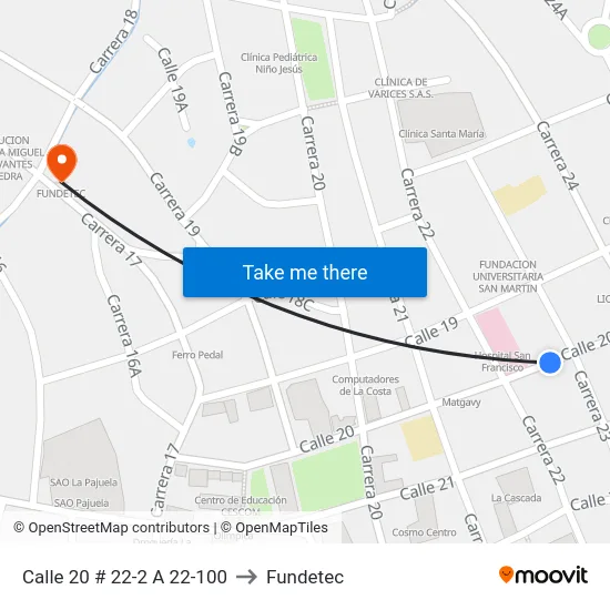 Calle 20 # 22-2 A 22-100 to Fundetec map
