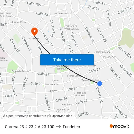 Carrera 23 # 23-2 A 23-100 to Fundetec map