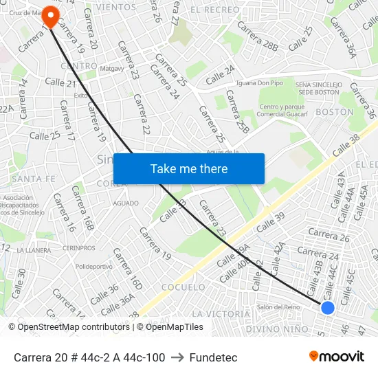 Carrera 20 # 44c-2 A 44c-100 to Fundetec map