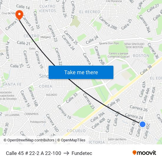 Calle 45 # 22-2 A 22-100 to Fundetec map