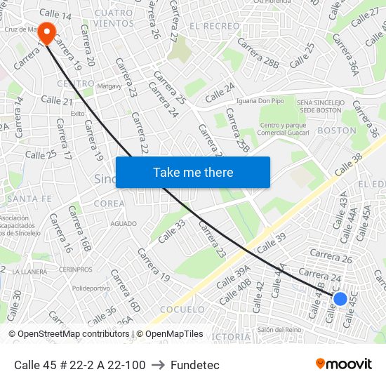 Calle 45 # 22-2 A 22-100 to Fundetec map
