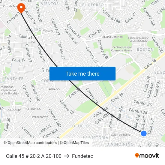 Calle 45 # 20-2 A 20-100 to Fundetec map