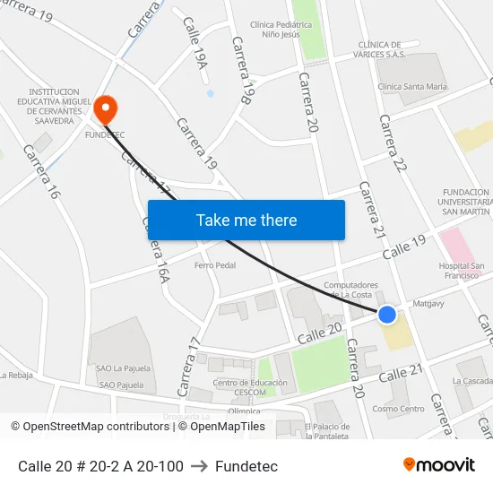Calle 20 # 20-2 A 20-100 to Fundetec map