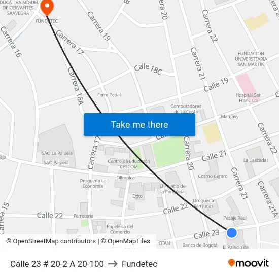Calle 23 # 20-2 A 20-100 to Fundetec map