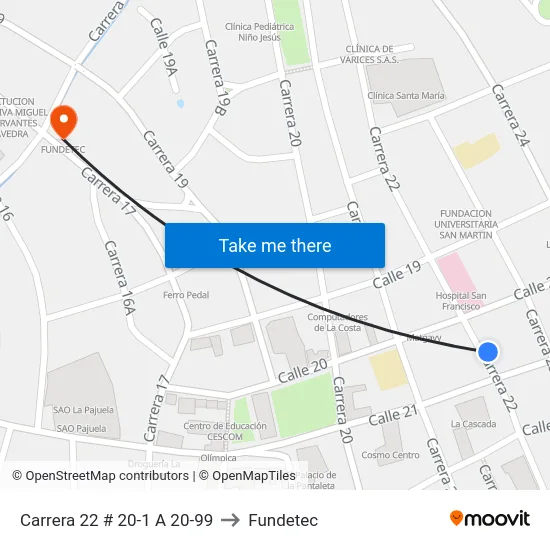 Carrera 22 # 20-1 A 20-99 to Fundetec map