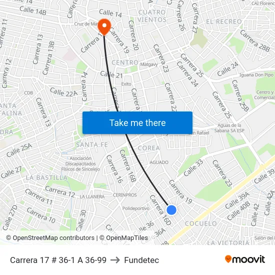 Carrera 17 # 36-1 A 36-99 to Fundetec map