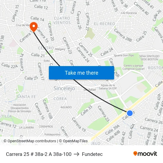 Carrera 25 # 38a-2 A 38a-100 to Fundetec map
