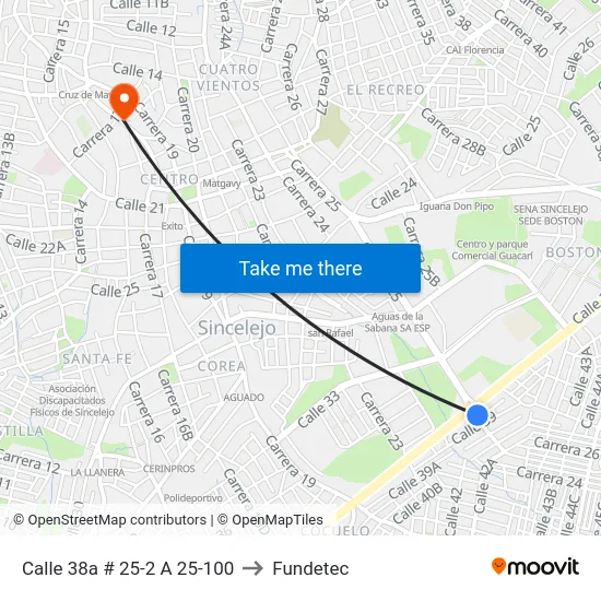 Calle 38a # 25-2 A 25-100 to Fundetec map