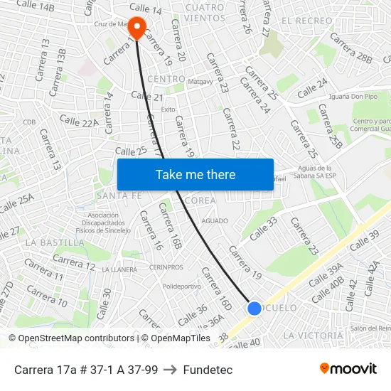 Carrera 17a # 37-1 A 37-99 to Fundetec map